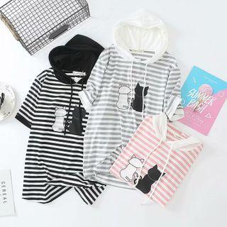 Cat Print Striped Hooded T-shirt