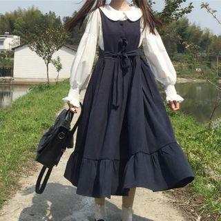 Long-sleeve Blouse / Tie-waist Midi A-line Overall Dress
