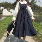 Long-sleeve Blouse / Tie-waist Midi A-line Overall Dress