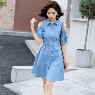 Floral Embroidered Cold-shoulder Denim Shirtdress