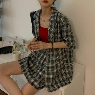 Set: Short-sleeve Plaid Blazer + Mini A-line Skirt Set - Plaid - Black & Gray - One Size