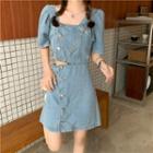 Puff-sleeve Cropped Denim Blouse + A-line Skirt