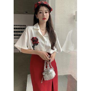 Rose-print V-neck Shirt / Slited High-waist Midi Skirt