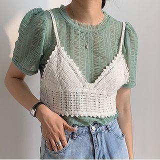 Set: Short-sleeve Shirred Blouse + Pointelle Knit Camisole Top