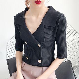 Elbow-sleeve Double-buttoned Knit Top