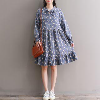 Bow-accent Long-sleeve Corduroy Print A-line Dress