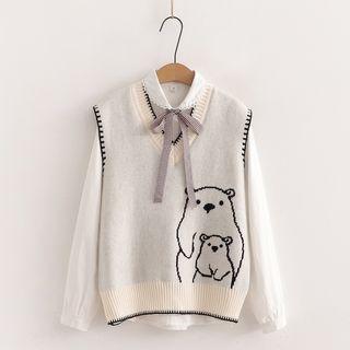 Bear Sweater Vest / Bow Blouse