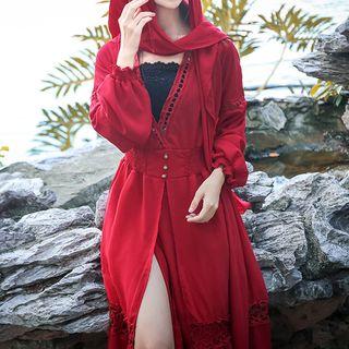 Eyelet Lace Hooded Long-sleeve Midi A-line Dress