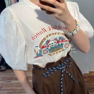 Puff-sleeve Print T-shirt White - One Size