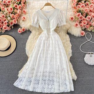 Short Sleeve V-neck Lace Maxi Dress