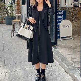 Set: Blazer + Spaghetti Strap A-line Zip Dress