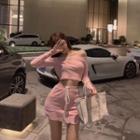 Set: Off-shoulder Long-sleeve T-shirt + Drawstring Mini Skirt Pink - One Size