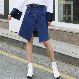 Layered Denim Skirt With Sash