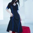 Short-sleeve Drawstring Lace Trim Midi A-line Dress