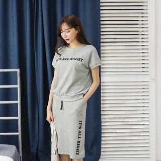 Set: Round-neck Lettering Top + Drawstring-waist Midi Skirt