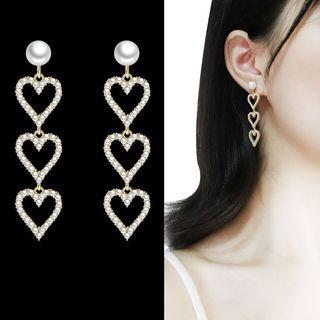 Faux Pearl Rhinestone Heart Dangle Earring 1 Pair - Sterling Silver Stud - Gold - One Size