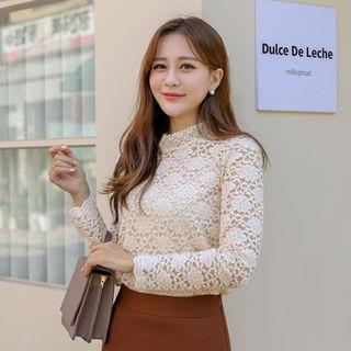 Stand-collar Floral-lace Fleece Blouse