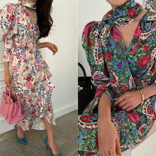 Puff-sleeve Flower Long Wrap Dress