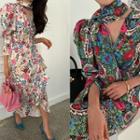Puff-sleeve Flower Long Wrap Dress