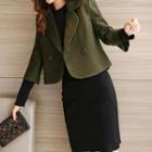 Set: 3/4-sleeve Double-breasted Coat + Long-sleeve Sheathe Knit Dress