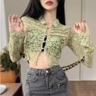 Long-sleeve Lapel Sheer Lace Shirt Green - One Size
