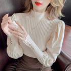 Puff-sleeve Mock-neck Ribbed Knit Top