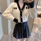 Contrast Trim Cropped Cardigan / Pleated Mini A-line Skirt / Set