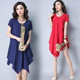 Frog-button Short-sleeve Linen A-line Dress