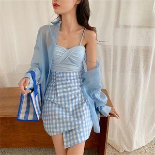 Long-sleeve Plain Shirt / Camisole Top / Plaid Skirt