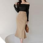 Set: Long-sleeve Off-shoulder Top + Midi Flared Pencil Skirt