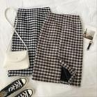 Color-block Plaid High-waist Knit Skirt