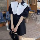 Short-sleeve Contrast Collar Frill Trim Mini Shift Dress Black & White - One Size