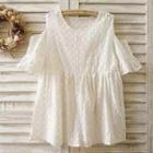 Short-sleeve Cold Shoulder Embroidered Blouse White - One Size
