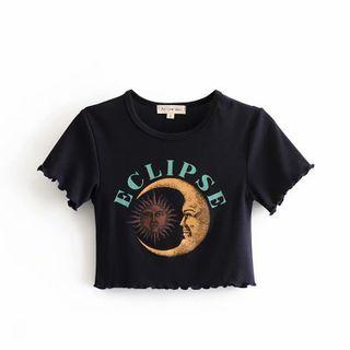 Graphic Print Short-sleeve Lettuce Edge Cropped T-shirt