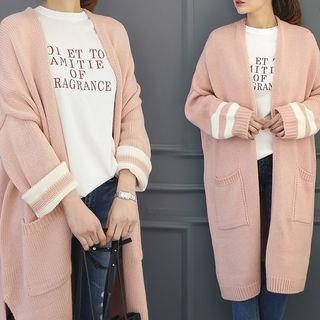 Stripe-trim Open-front Long Cardigan