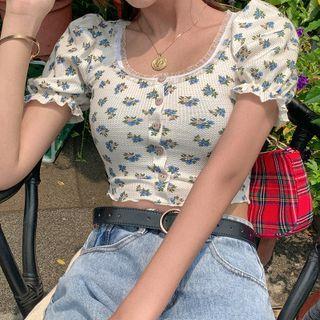 Short Sleeve Ruffled-trim Floral Print Crop Top