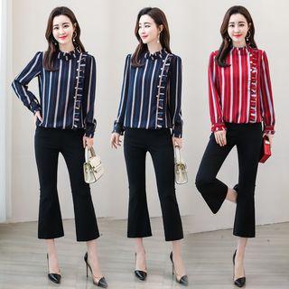 Set: Striped Chiffon Blouse + Crop Boot-cut Pants