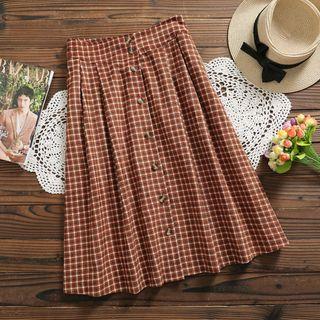Button-front Midi A-line Plaid Skirt