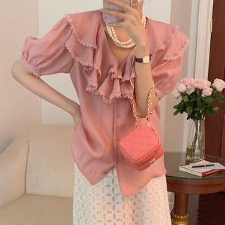 Short-sleeve V-neck Ruffled Plain Blouse