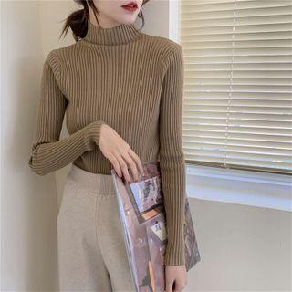 Semi High-neck Ribbed Long-sleeve Knit Top