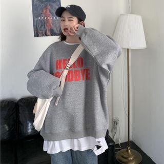 Mock Two-piece Round-neck Lettering Fleece-lined Sweatshirt
