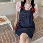 Short-sleeve Heart Pattern Blouse / Denim Overall Dress