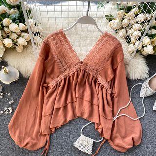 Balloon-sleeve Crochet Trim Blouse