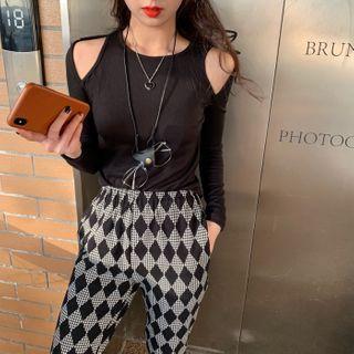 Long-sleeve Plain Off-shoulder Top / Elastic-waist Argyle Houndstooth Pants