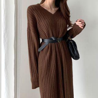 V-neck Midi A-line Sweater Dress