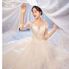 3/4-sleeve Paneled Floral Applique A-line Wedding Gown