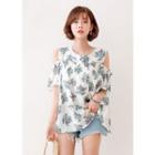 Cutout-shoulder Frill-trim Floral Top