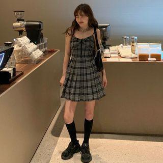 Spaghetti Strap Plaid A-line Dress Plaid - Charcoal Gray - One Size