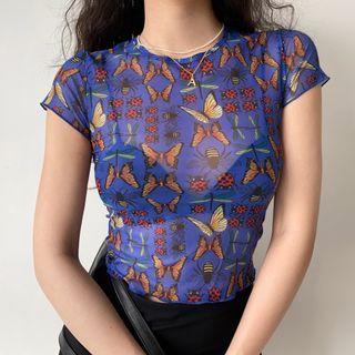 Butterfly Print Mesh Short-sleeve Top