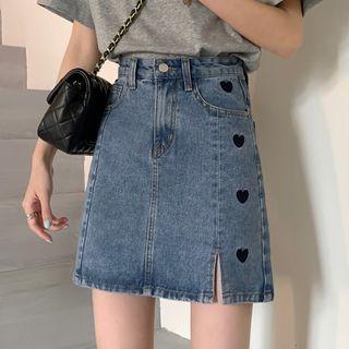Heart Embroidered Washed Denim Mini Skirt